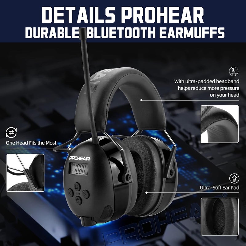 PROHEAR 033 Upgraded Bluetooth 5.4 Hearing Protection Headphones with FM/AM Radio, OSHA-Compliant 25dB NRR Safety Earmuffs, Rechargeable 48H Playtime for Mowing, Workshops and Snowblowing – Black - Image 3